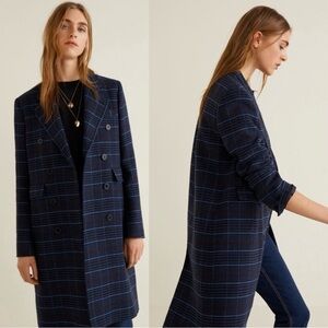 MANGO Navy Blue Plaid Double Breasted Wool Coat Lapels Wool Trench Coat Size XS